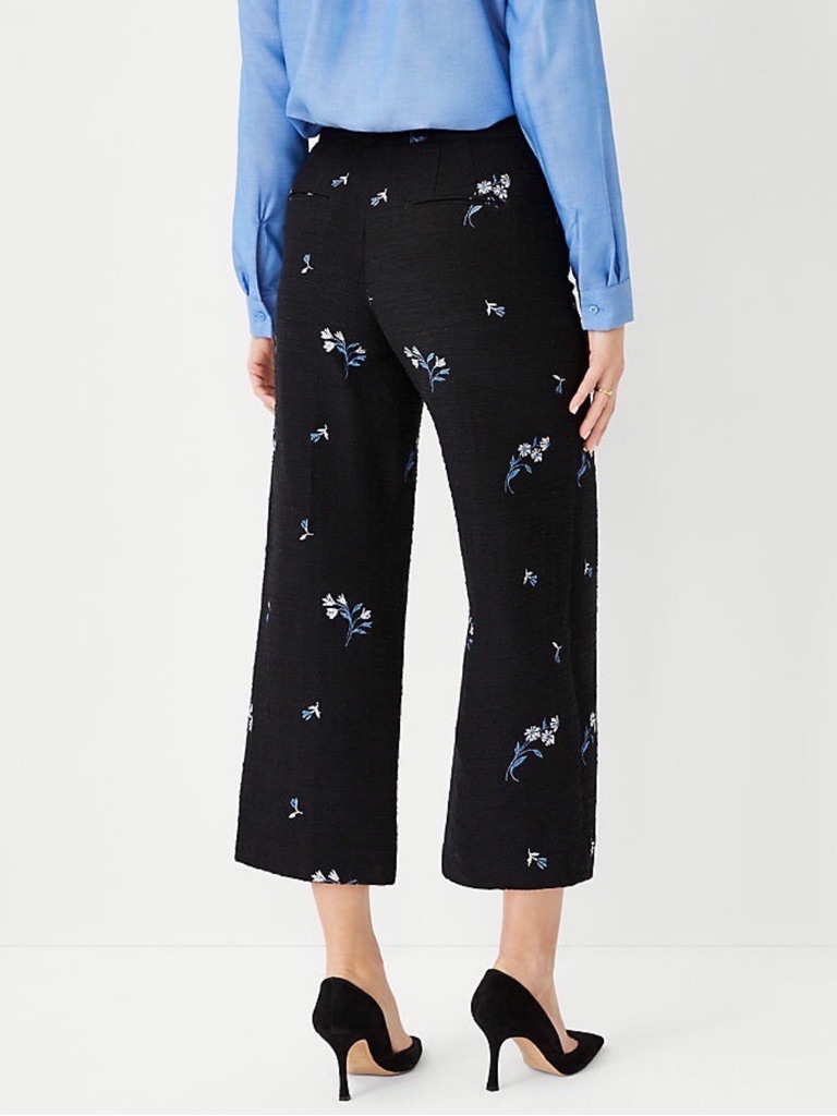 Ann Taylor Black Cropped Pants With Blue & White Floral Detail